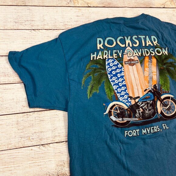 Vintage Harley Davidson Rockstar Fort Myers FL T-Shirt Size Large Blue Surfboard - Picture 8 of 11